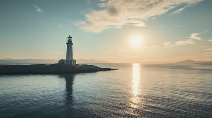 Fototapeta premium Lonesome Lighthouse Stands Tall On A Calm Ocean Sunset