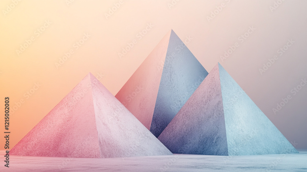 Poster three pyramids of varying colors under a soft gradient sky reflecting light at dusk