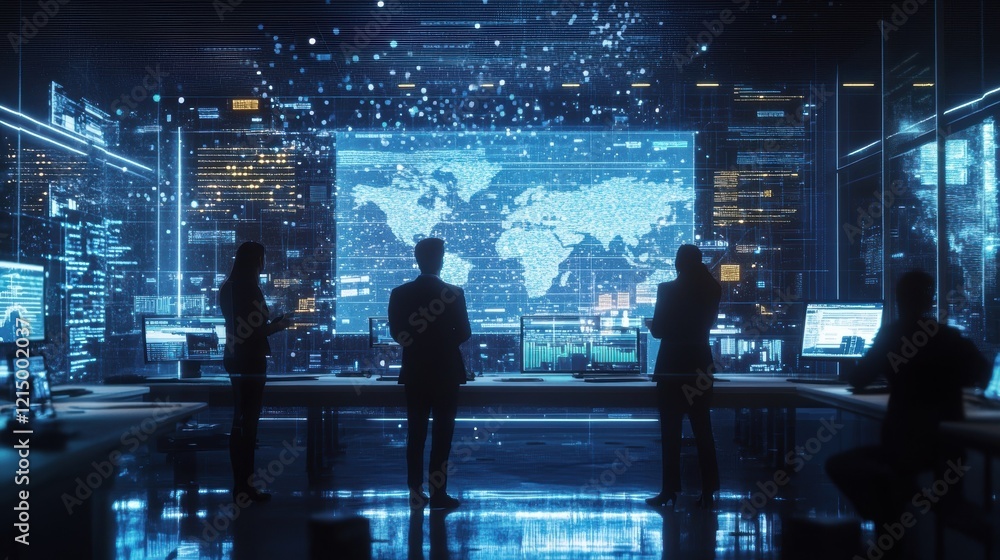 Aufkleber business executives and it specialists collaborating in a high tech control room, analyzing global d