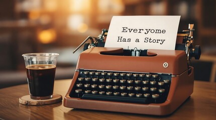 Vintage typewriter with a sheet of paper that reads "Everyone Has a Story," evoking the universal nature of storytelling and personal narratives.