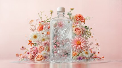 a transparent glass bottle of spring water floating amidst splashing water and glowing pastel gradients. Lush greenery and blooming flowers intertwine with the bottle, creating a surreal, eco-friendly