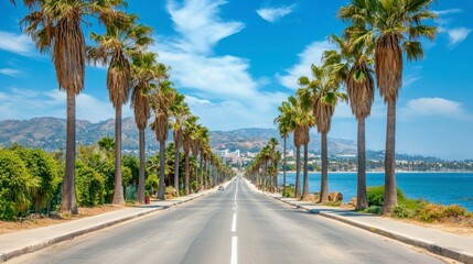 Scenic Coastal Highway Lined with Palm Trees on a Sunny Day