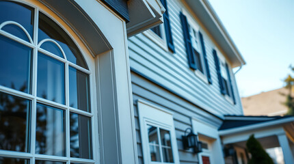Fototapeta premium Elegant Home Exterior: Grey House with White Trim and Classic Windows. Beautiful architectural details and design elements of a residential property.