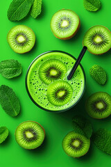 Milkshake illustration, A vibrant kiwi milkshake with fresh slices of kiwi, captured in high fidelity for enticing visual appeal. Perfect for beverage-related content.