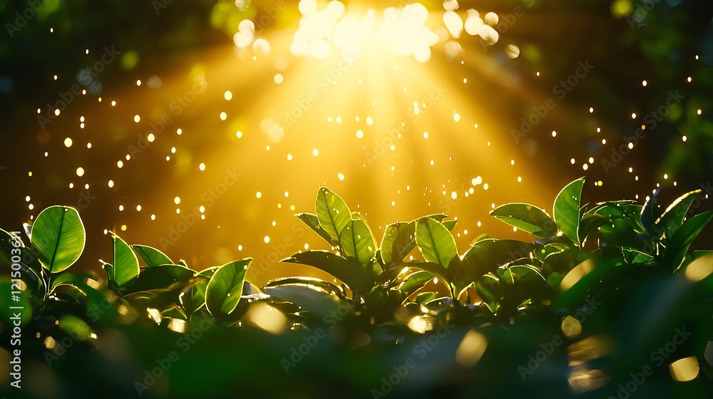 Poster sunlight filtering through leaves with dew drops and soft focus