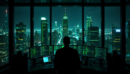 Man in Front of PC Screen with Digital Numbers, Hacking and Cybersecurity Concept in a Dark Environment