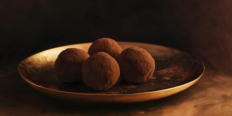 Obraz premium Delicious rich chocolate truffles on a golden plate with a dark background for a luxurious dessert experience