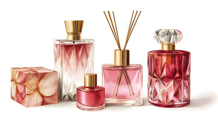 Luxury fragrance collection featuring elegant designs and a variety of scents perfect for any setting or occasion, watercolor style