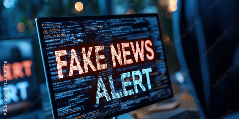 Poster computer screen displaying a 'fake news alert' message in bold, vibrant colors.