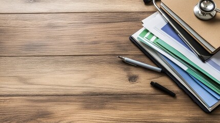Medical Documents and Stethoscope on Wooden Desk