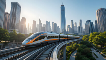 Modern High-Speed Bullet Train in Cityscape – Symbolizing Fast Transportation and Urban Progress