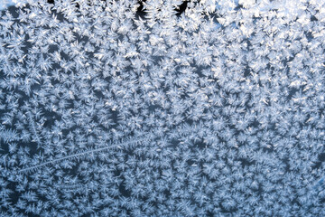 Frosty pattern on glass. Winter crystals on glass. Abstract background, selective focus.