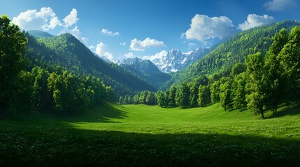 Naklejka premium Lush Green Valley Surrounded by Majestic Mountains and Blue Sky