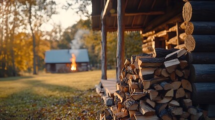 Autumn Firewood Stack Beside Rustic Log Cabin