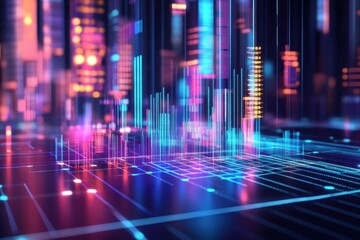 Fototapeta premium Modern digital abstract 3D surface background. Surface with volumetric graphs columns in neon colors.
