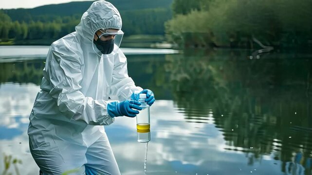 Water samples in test tubes on a pond. Selective focus. Nature.