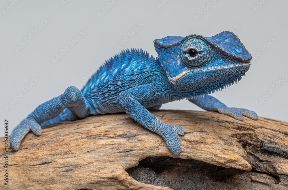 Poster colorful blue lizard reptile resting on driftwood displaying beautiful textures and intricate patter