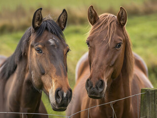 Obraz premium Two horses, one chestnut and one dark brown, stand side-by-side in a serene rural field, displaying alert expressions.