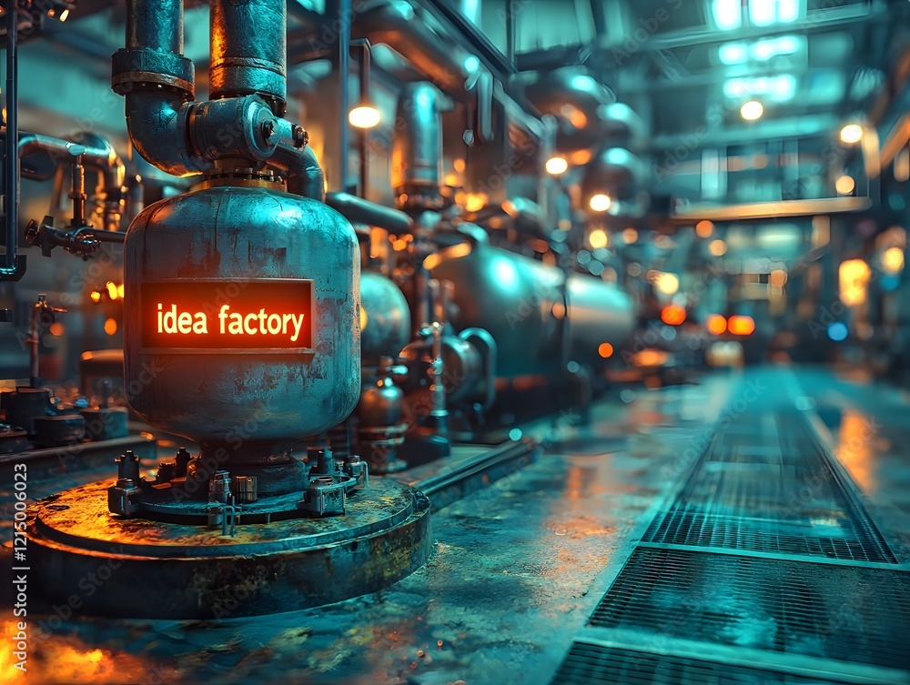 Poster glowing idea factory transforming creativity into real world solutions in a conceptual business hub