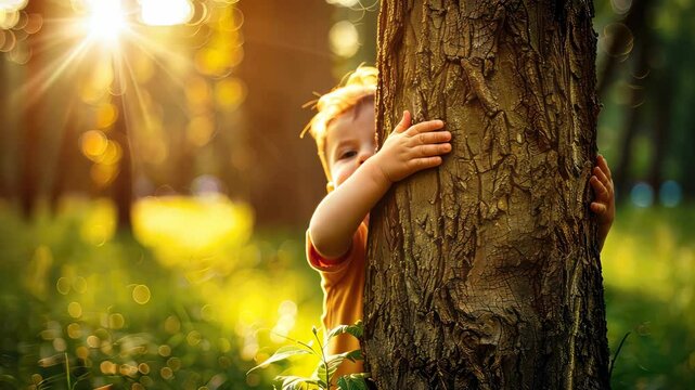 A child hugs a tree in the forest. Selective focus. Nature.