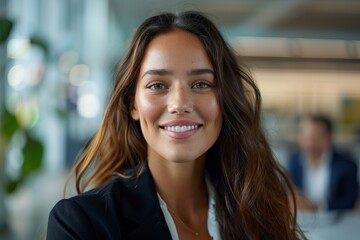 Obraz premium A smiling young woman with long brown hair, wearing a black blazer, exudes confidence in a bright, modern office environment. happy businesswoman entrepreneur corporate manager