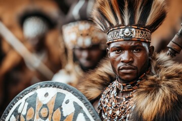 Obraz premium A Zulu warrior in traditional attire, holding a spear and shield, standing proudly against the backdrop of the African savanna