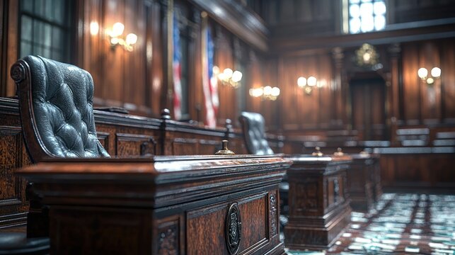 Empty courtroom chairs, wooden desks, flags, sunlit hall