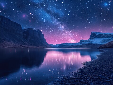 Majestic starry night sky over a calm lake reflecting mountains and colorful galaxy - Powered by Adobe
