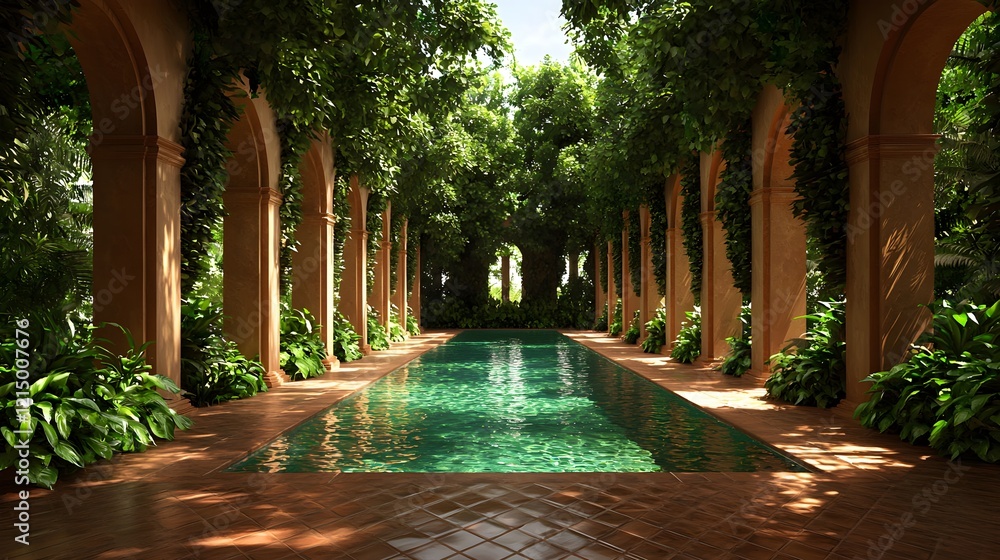 Poster lush tranquil pool surrounded by greenery and elegant architecture