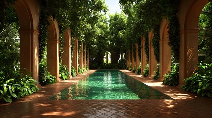 Fototapeta premium Lush Tranquil Pool Surrounded by Greenery and Elegant Architecture