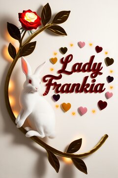 Elegant 3D Velvet Art &ndash; White Bunny with Glowing Rose & &lsquo;Lady Frankia&rsquo; Inscription