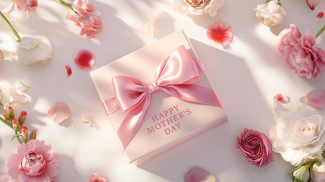A beautiful pink ribbon with a bunch of flowers is tied around a white sign that says Happy Mother's Day