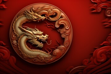 Elegant chinese new year red background with oriental pattern and golden frame for custom text