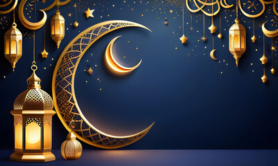 Golden lanterns, crescent moon, stars, ornate designs on a dark background. Perfect for festive, cultural, celebration, or ramadan themed designs