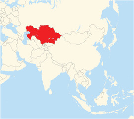 Location Map of the country Kazakhstan in Asia. The country is highlighted with a red polygon. No labels at all.