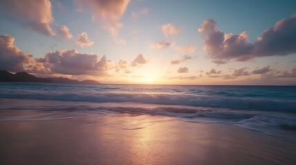Obraz premium Serene Sunrise Over Tropical Ocean Beach