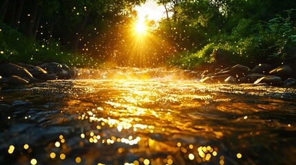 Obraz premium Golden Water Flow with Sunlight Reflection in Forest Landscape