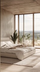 Fototapeta premium Serene Minimalist Bedroom with Panoramic View