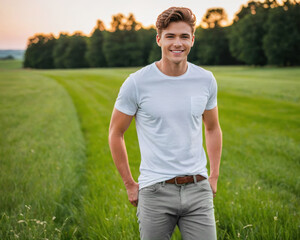 Young man wearing white t-shirt and jeans standing in a field of grasses