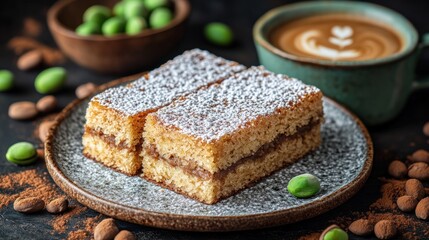 Almond cake slices, coffee, cocoa, studio