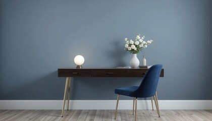 A minimalist workspace showcases a sleek wooden desk adorned with a chic lamp and a white vase of fresh flowers, complementing the serene blue wall in a cozy atmosphere