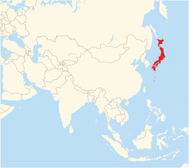 Location Map of the country Japan in Asia. The country is highlighted with a red polygon. No labels at all.