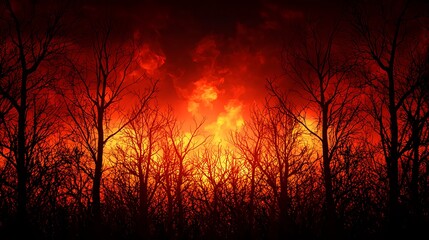 Fototapeta premium Dramatic Forest Fire at Dusk with Fiery Sky and Silhouetted Trees