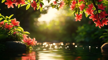 Beautiful Floral Scene with Soft Light Reflecting on Water Surface