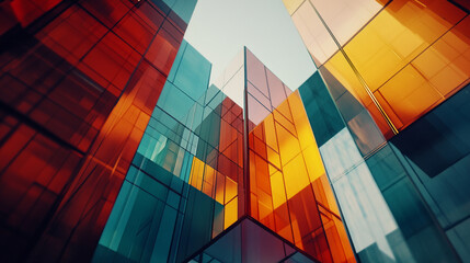 Obraz premium Modern architectural design featuring vibrant glass panels in an urban setting