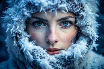 A close-up of a woman with striking blue eyes, wrapped in a frosty hood, conveying a sense of cold and resilience.