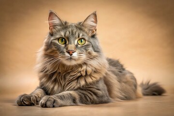 Fototapeta premium Homeless Gray Tabby Cat Without Legs, Studio Shot, Beige Background - Compassionate Pet Photography