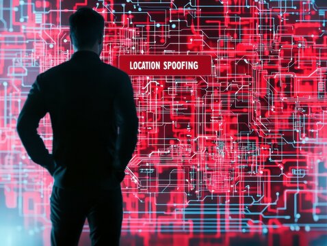 A man in a dark suit observes a digital network display labeled 'Location Spoofing.'