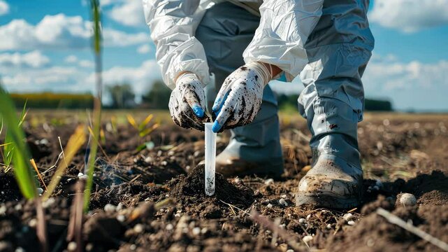 A man in a protective suit takes soil samples. Selective focus. Nature.