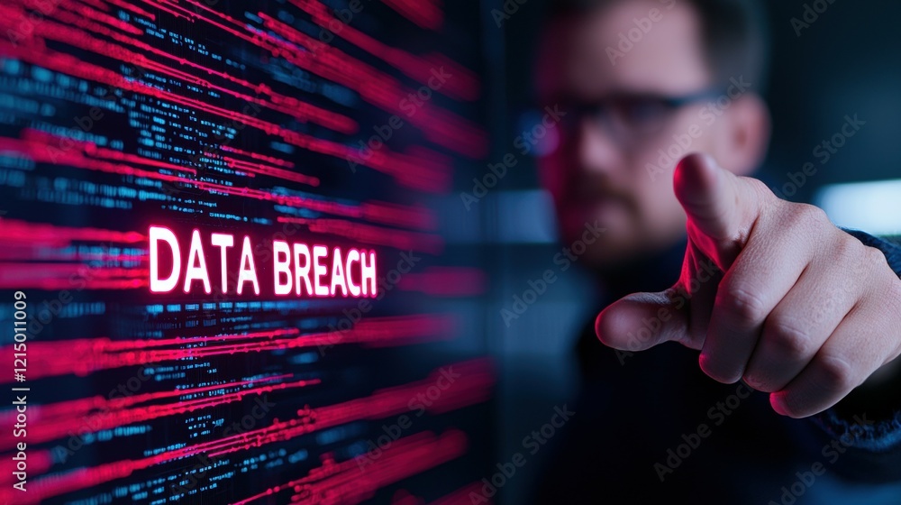 Poster focused man highlighting the serious issue of data breach in a digital environment.